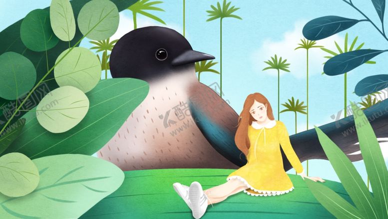 编号：70022510050255213760【酷图网】源文件下载-夏季人物小鸟插画卡通背景素材