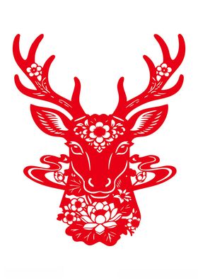 红色剪纸风麋鹿图案