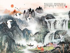 水墨山水瀑布鹤背景墙