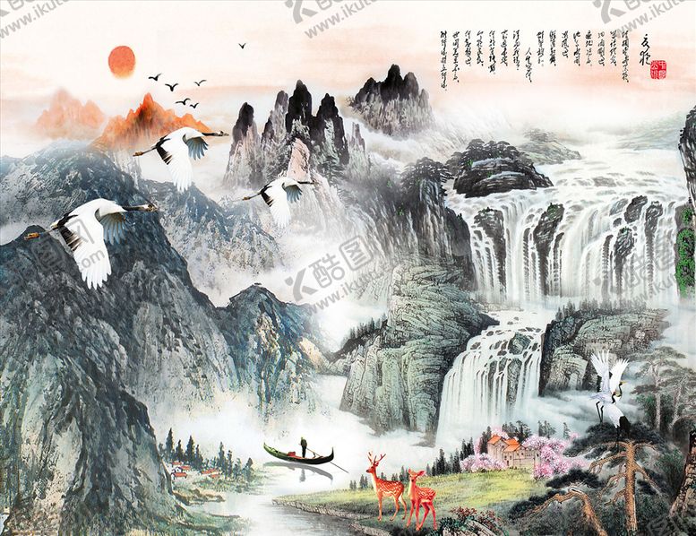 编号：18013405020151485112【酷图网】源文件下载-水墨山水瀑布鹤背景墙