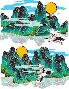 水墨山水间的仙鹤图景