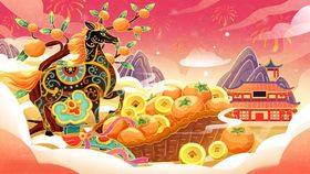 马年事事如意插画背景展板