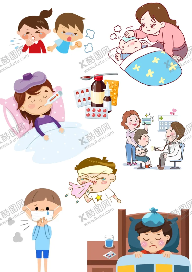 编号：36721601130844044254【酷图网】源文件下载-儿童感冒发烧生病吃药元素大合集