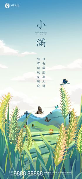 小满节气海报麦穗简约插画二十四