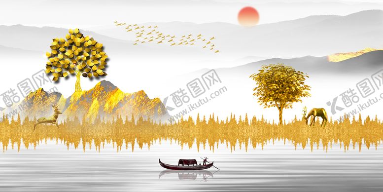 编号：72608309202216557891【酷图网】源文件下载-麋鹿背景墙