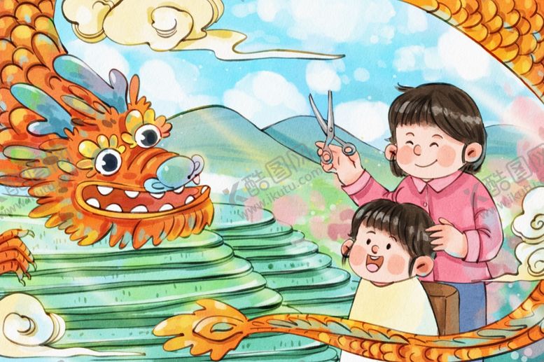 编号：30524701232239085040【酷图网】源文件下载-手绘龙抬头之剃头与龙小清新插画