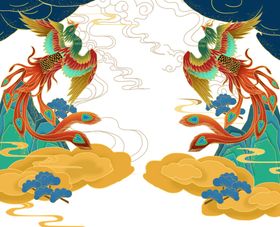 国潮凤凰圆月蓝绿山水祥云圆形