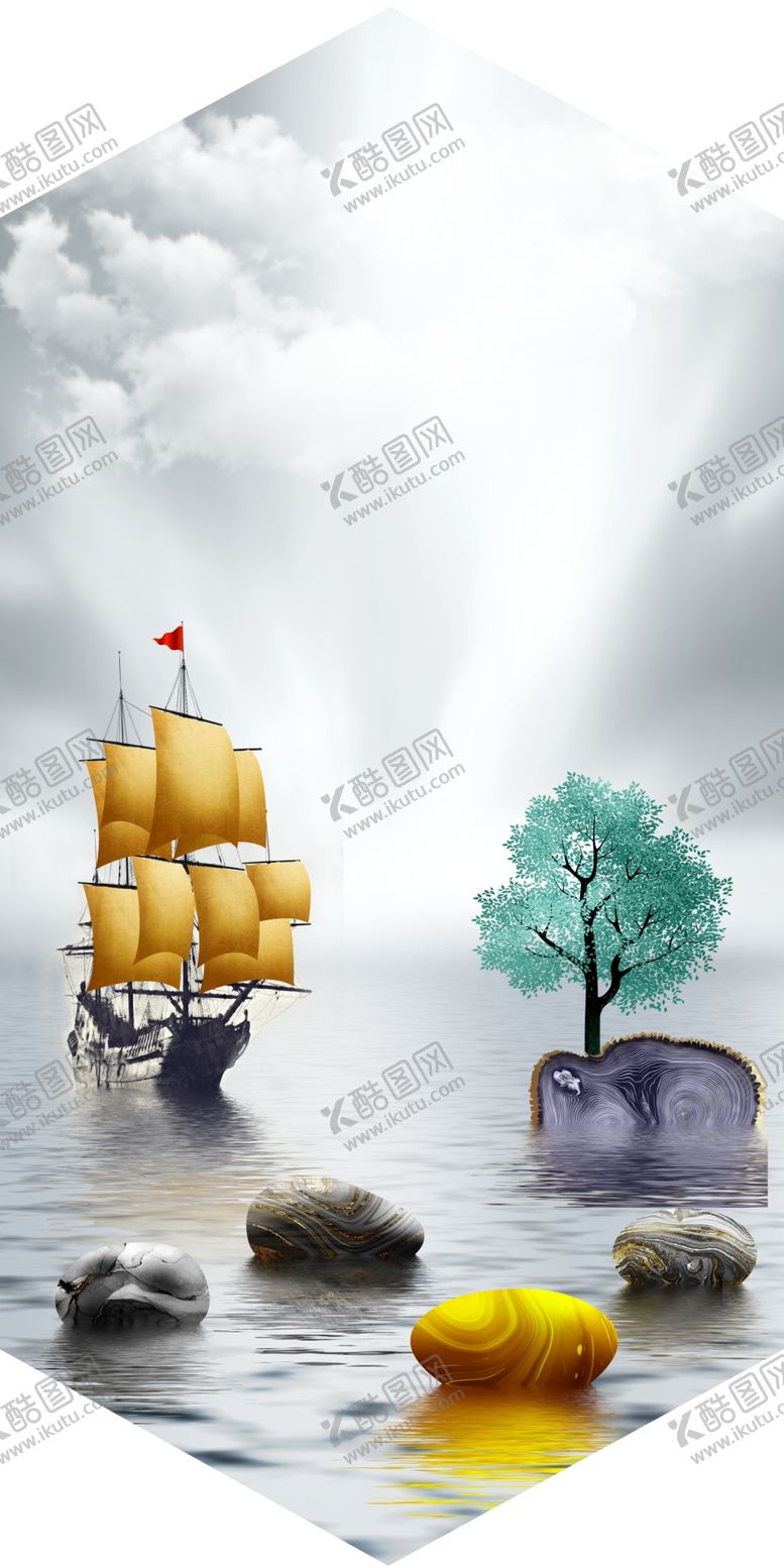 编号：13909409241404553600【酷图网】源文件下载-新中式帆船石头风景装饰画