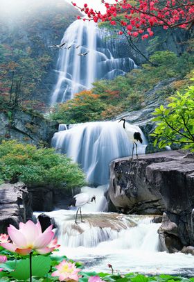 山水画瀑布小碎花玄关图