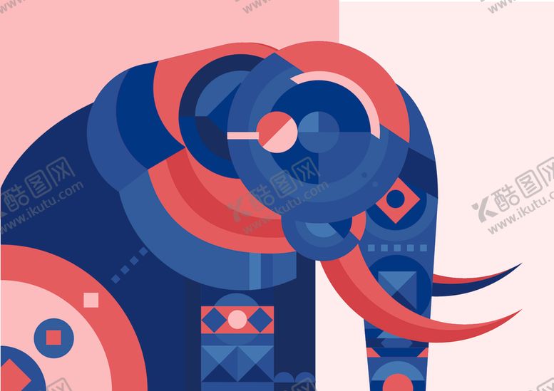 编号：24843810220803563828【酷图网】源文件下载-大象扁平撞色插画