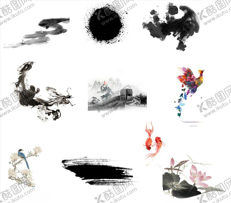 编号：92329510052132017282【酷图网】源文件下载-中国风水墨笔触元素