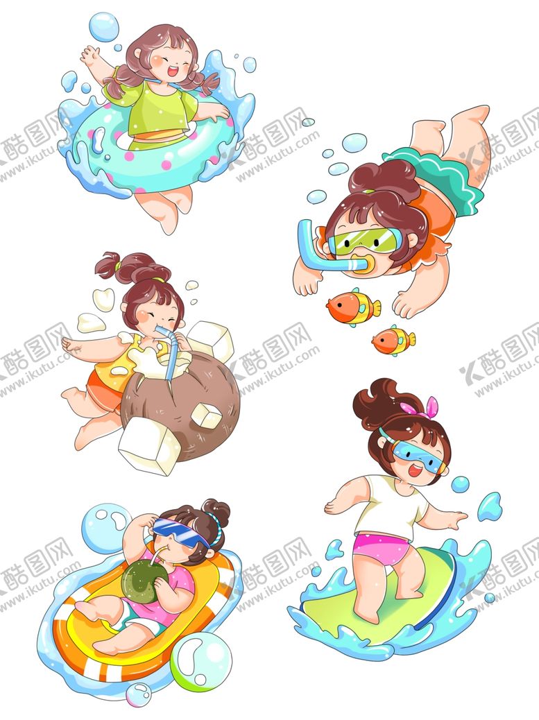 编号：64276804151500425882【酷图网】源文件下载-儿童欢乐水上玩耍场景手绘插画