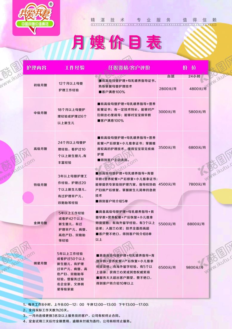编号：49077207021135273116【酷图网】源文件下载-养生美容月嫂价目表