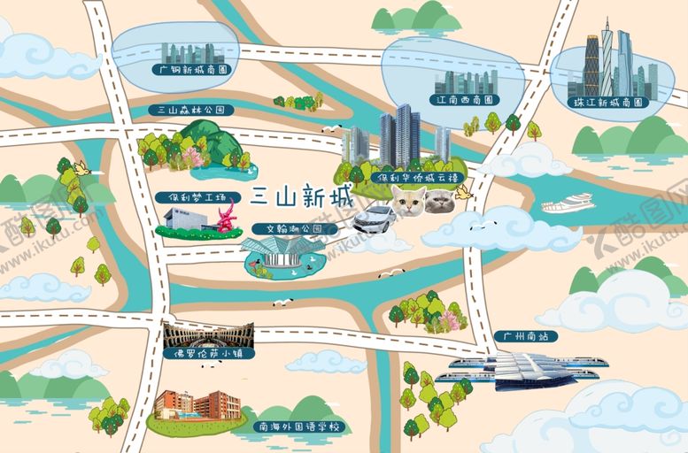 编号：88887504052202483867【酷图网】源文件下载-城市交通与景观示意图手绘