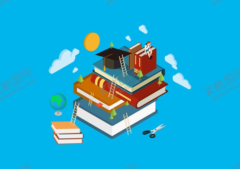 编号：98423309191021294731【酷图网】源文件下载-卡通书学士帽书本剪刀梯