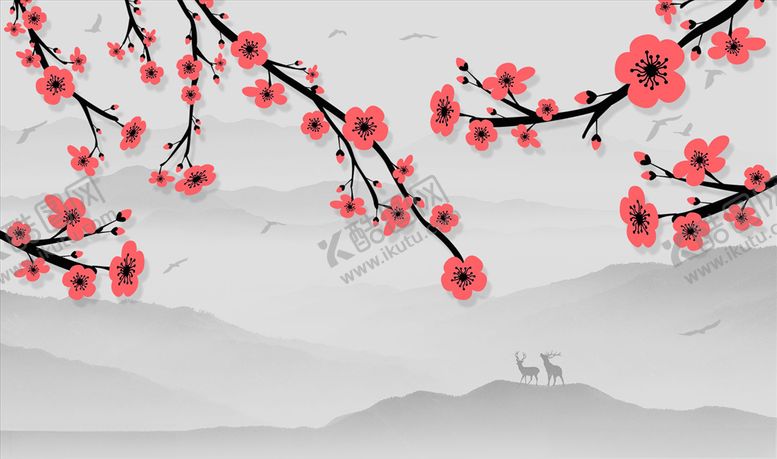 编号：27869904060510428809【酷图网】源文件下载-水墨山水梅花鹿背景墙