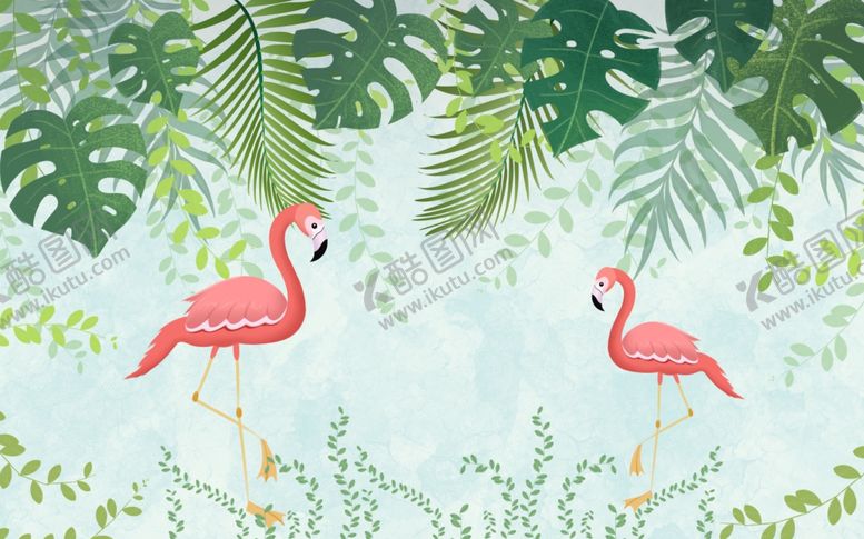 编号：51471909251155372373【酷图网】源文件下载-火烈鸟绿叶背景墙