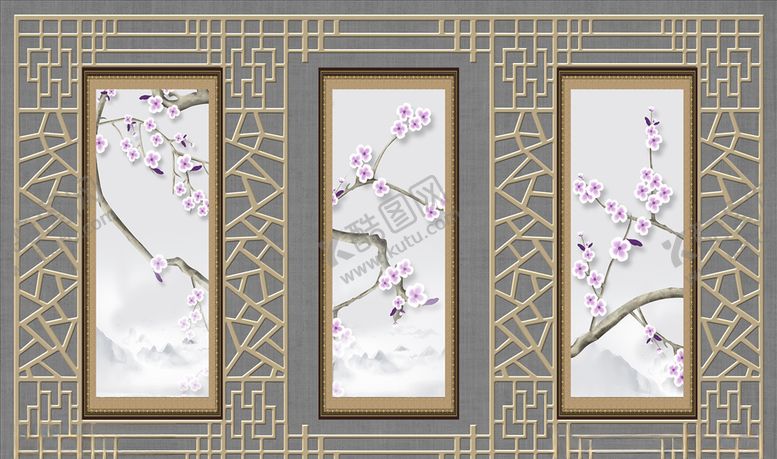 编号：55395807031319084077【酷图网】源文件下载-中式意境梅花花枝水墨山窗格中国