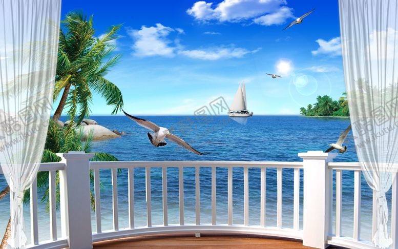 编号：33152707071608441727【酷图网】源文件下载-立体椰树海景栏杆背景墙
