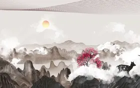 水墨山水背景客厅墙意境禅意墙峦