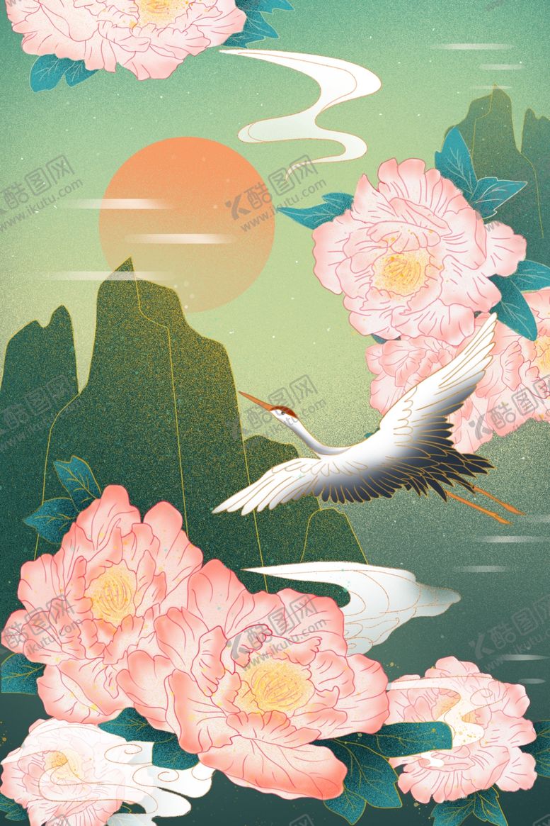 编号：88071304010304223465【酷图网】源文件下载-仙鹤戏花图山水映朝阳