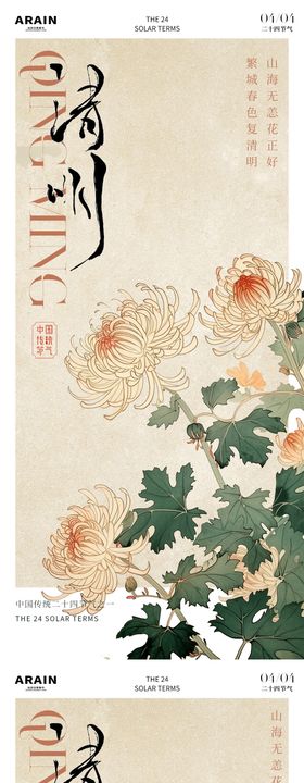 清明国风菊花插画海报.