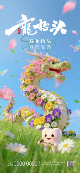 春季花草蝴蝶清新二月龙抬头口腔海报