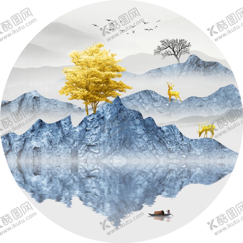 编号：18097310301528383954【酷图网】源文件下载-麋鹿意境山水装饰画