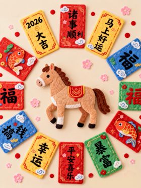 马形摆件伴多彩福字卡片