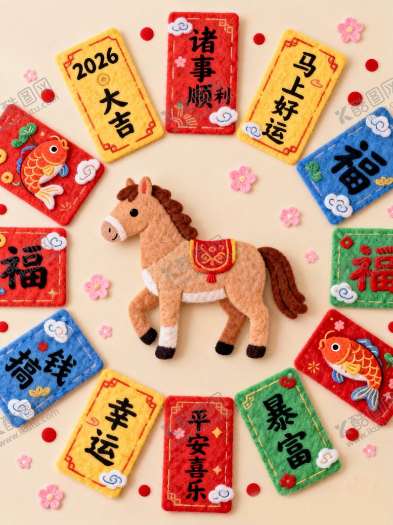 编号：49484404022055568251【酷图网】源文件下载-马形摆件伴多彩福字卡片