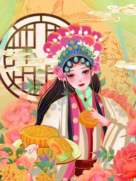 国风戏曲佳人赏繁花手绘插画