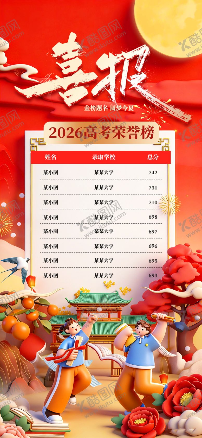 编号：54639206091020334633【酷图网】源文件下载-红色3D国潮风2026高考喜报