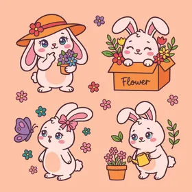 可爱兔子与花卉插画