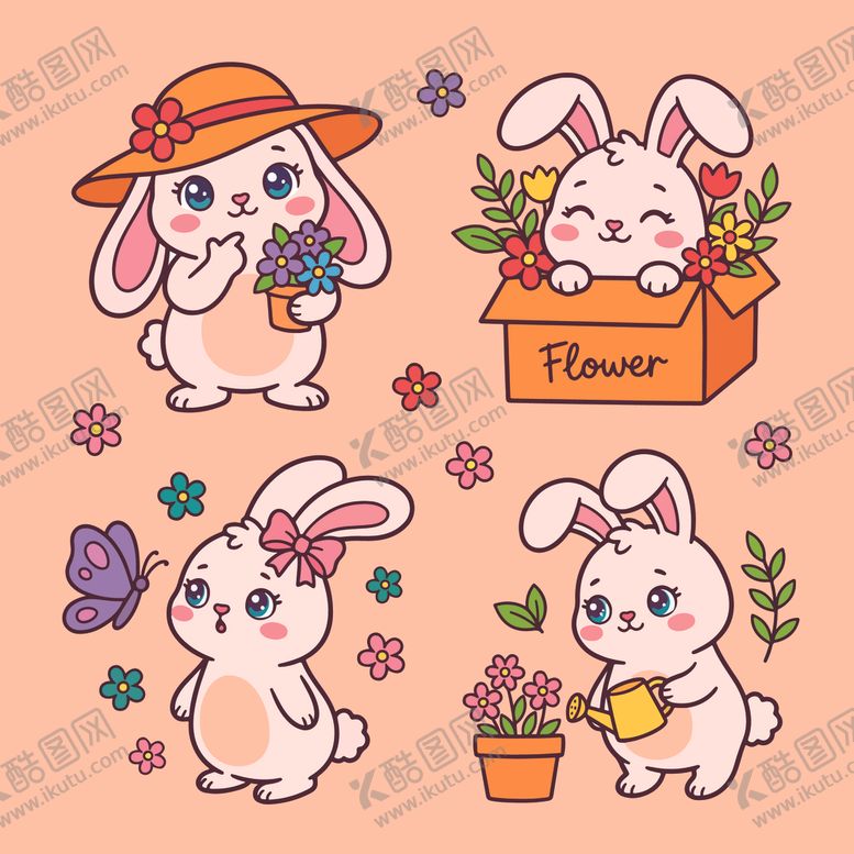 编号：53148904091551571835【酷图网】源文件下载-可爱兔子与花卉插画