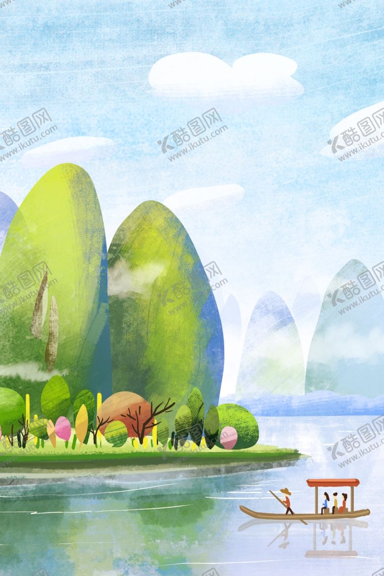 编号：46737909090928511322【酷图网】源文件下载-划船卡通插画水上坐船插画