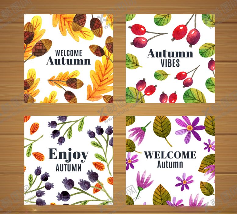 编号：56260510021922022184【酷图网】源文件下载-4款彩色秋季花草卡片矢量素材