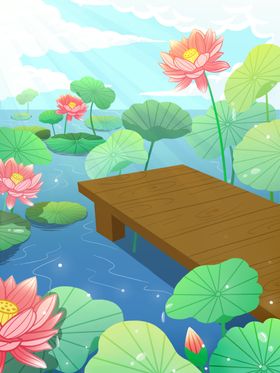 卡通海洋沙滩草地天空池塘背景