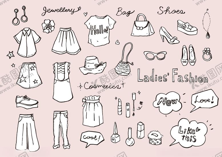 编号：46378311251324068537【酷图网】源文件下载-手绘时尚服饰配饰集合
