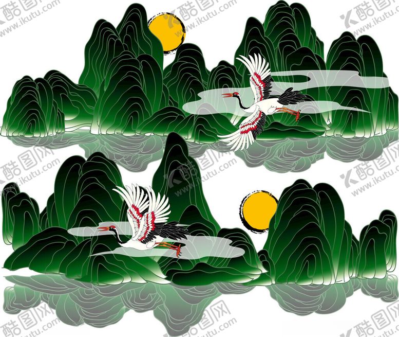 编号：72572011182321371552【酷图网】源文件下载-水墨山水间的仙鹤与明月