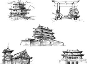 矢量古建筑简笔画