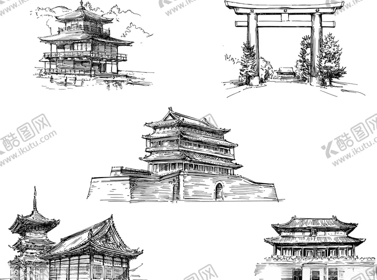 编号：18930406240356101722【酷图网】源文件下载-矢量古建筑简笔画
