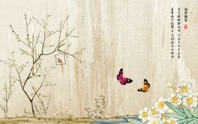 手绘画鸟梅花背景墙
