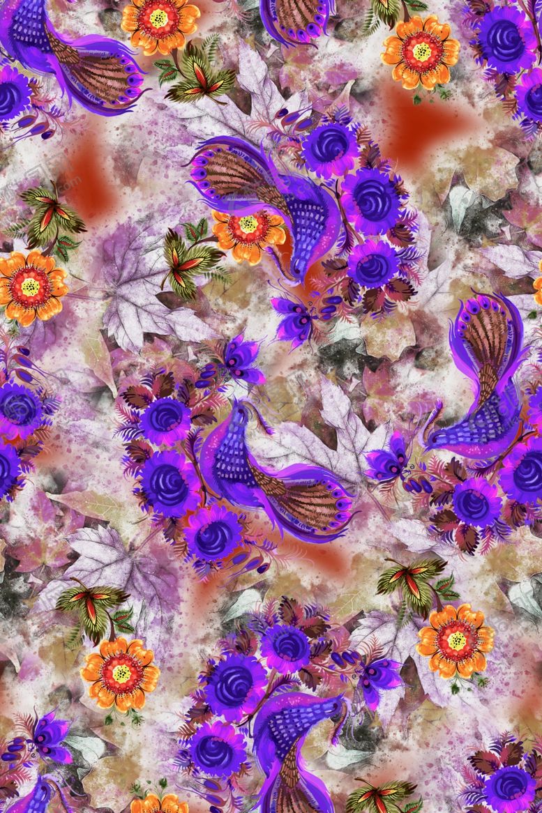 编号：24315509150342256520【酷图网】源文件下载-数码印花混色底紫色凤凰