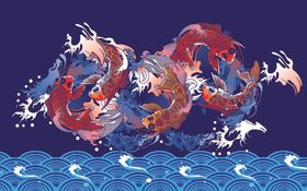 国潮插画矢量锦鲤水纹样