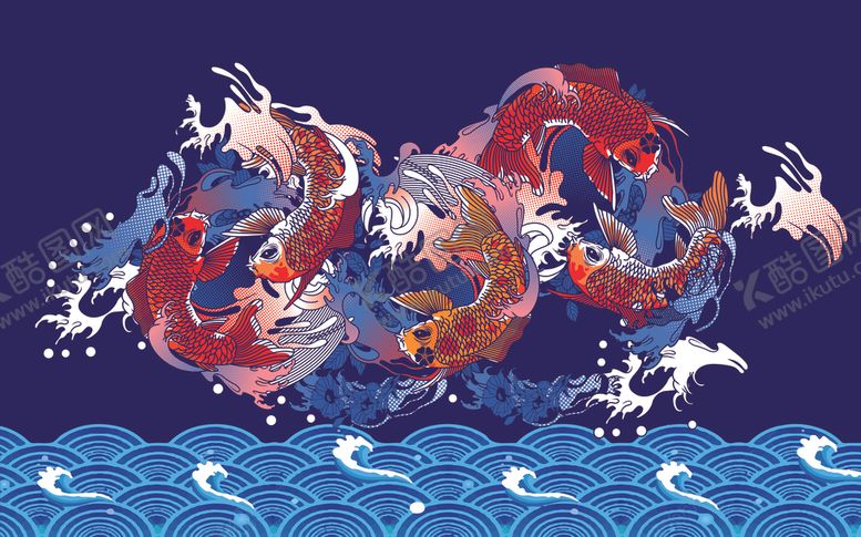 编号：89493406280059412948【酷图网】源文件下载-国潮插画矢量锦鲤水纹样