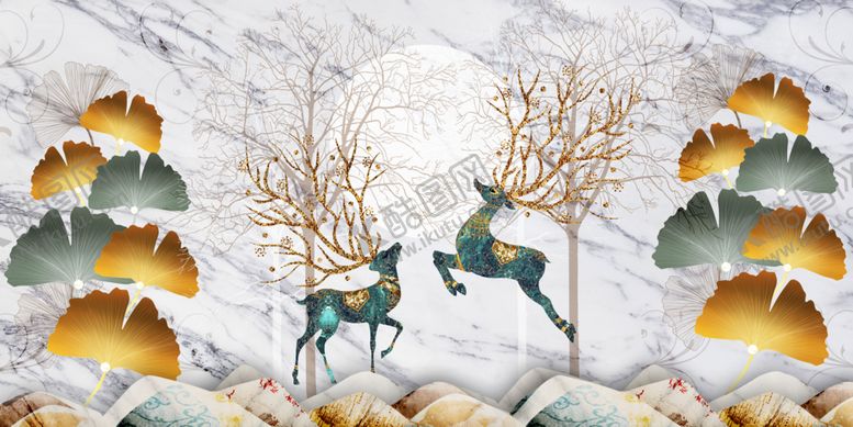 编号：92567009132313444958【酷图网】源文件下载-新中式鎏金银杏树叶子装饰画
