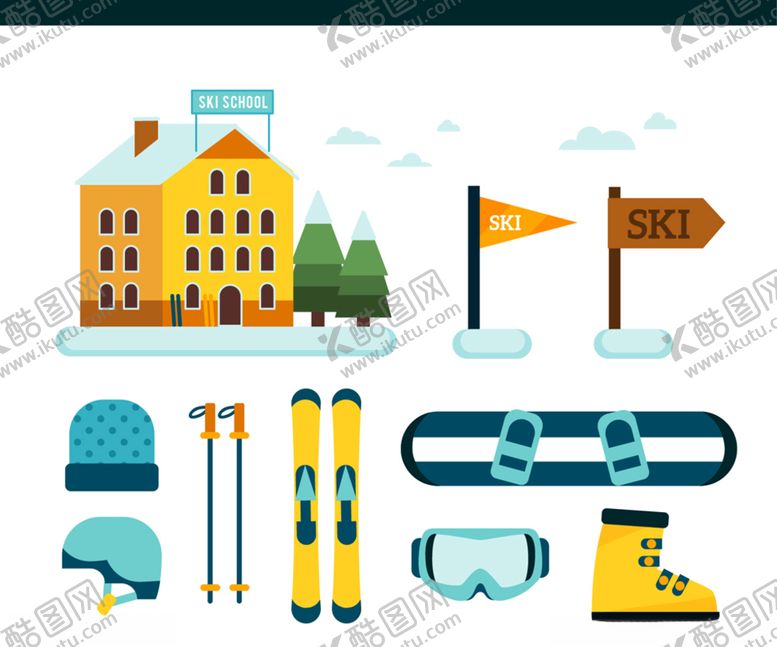 编号：76479709290056529386【酷图网】源文件下载-扁平化滑雪装备元素矢量素材