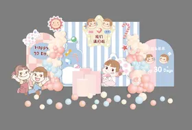 蓝粉双拼双胞胎生日派对背景布置