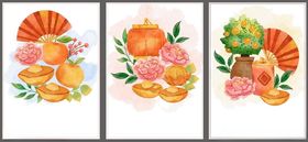 手绘美女花卉插画三联装饰画