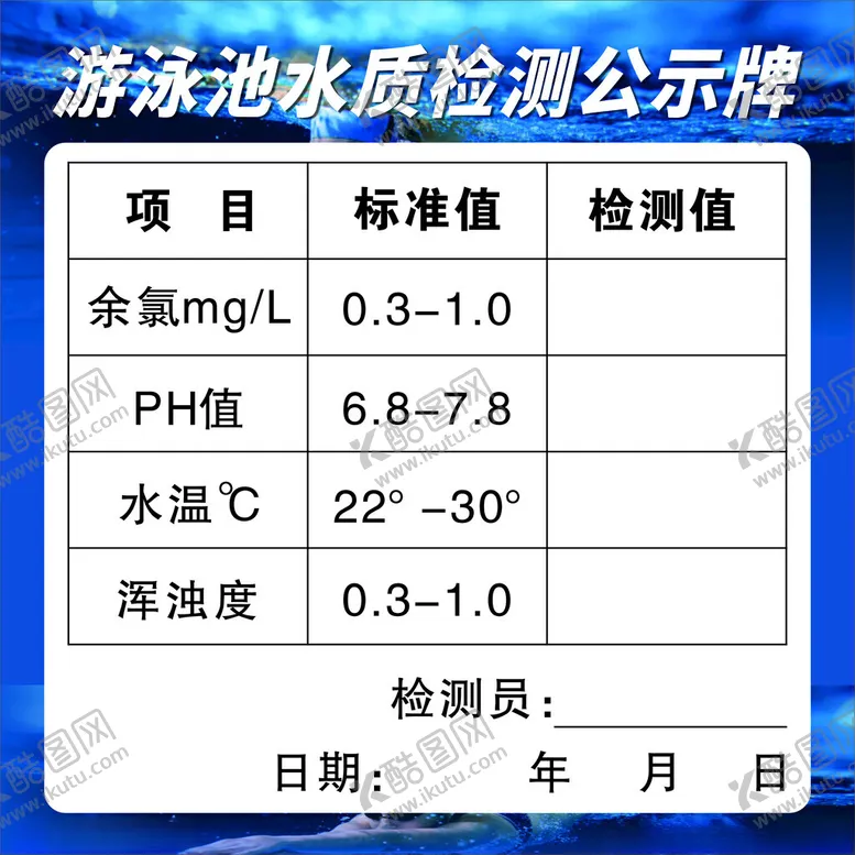 编号：67662502151009199109【酷图网】源文件下载-游泳池水质检测公示牌